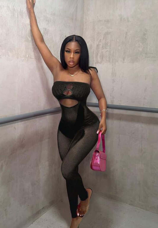 Black one piece mesh jumpsuit