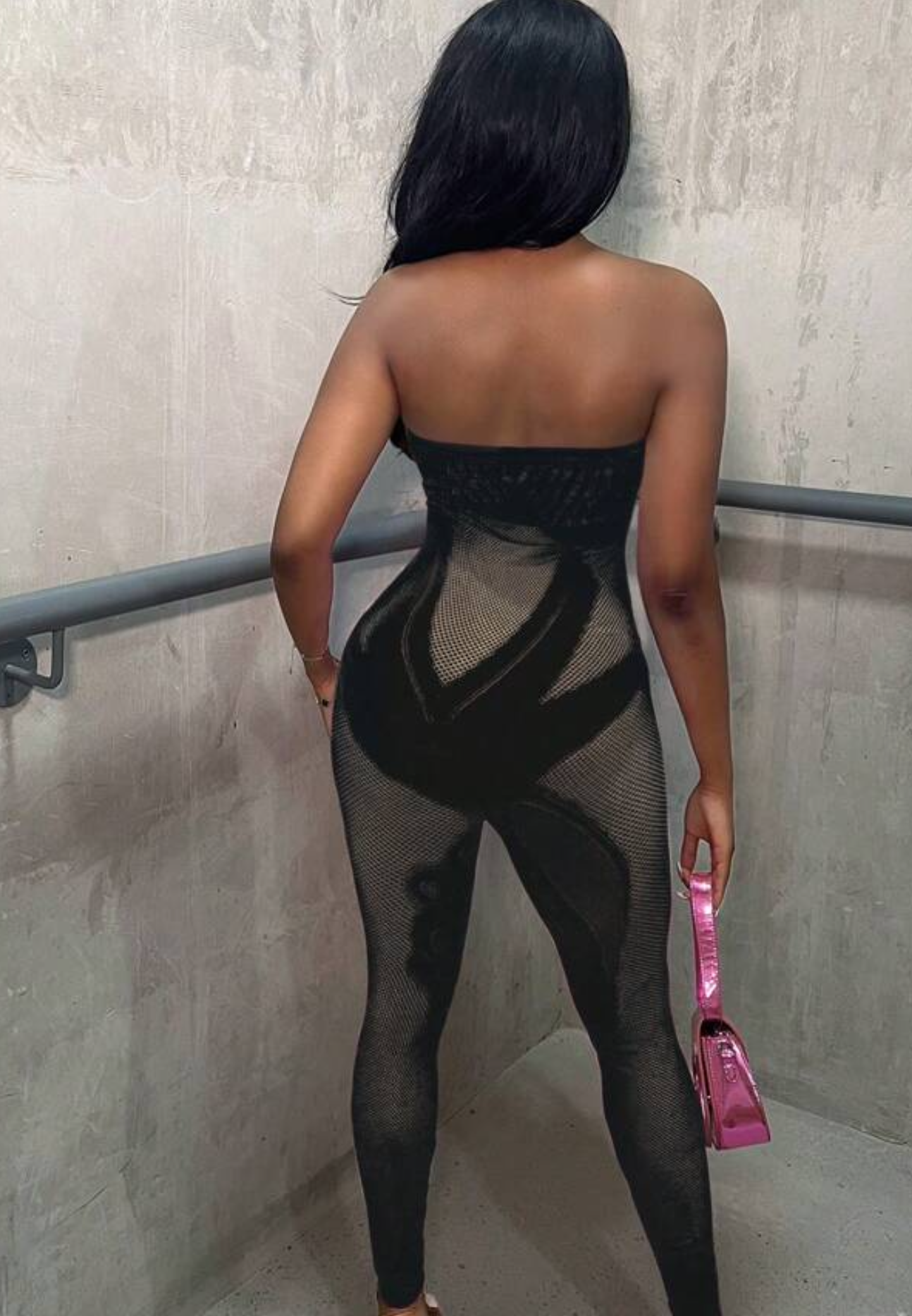 Black one piece mesh jumpsuit