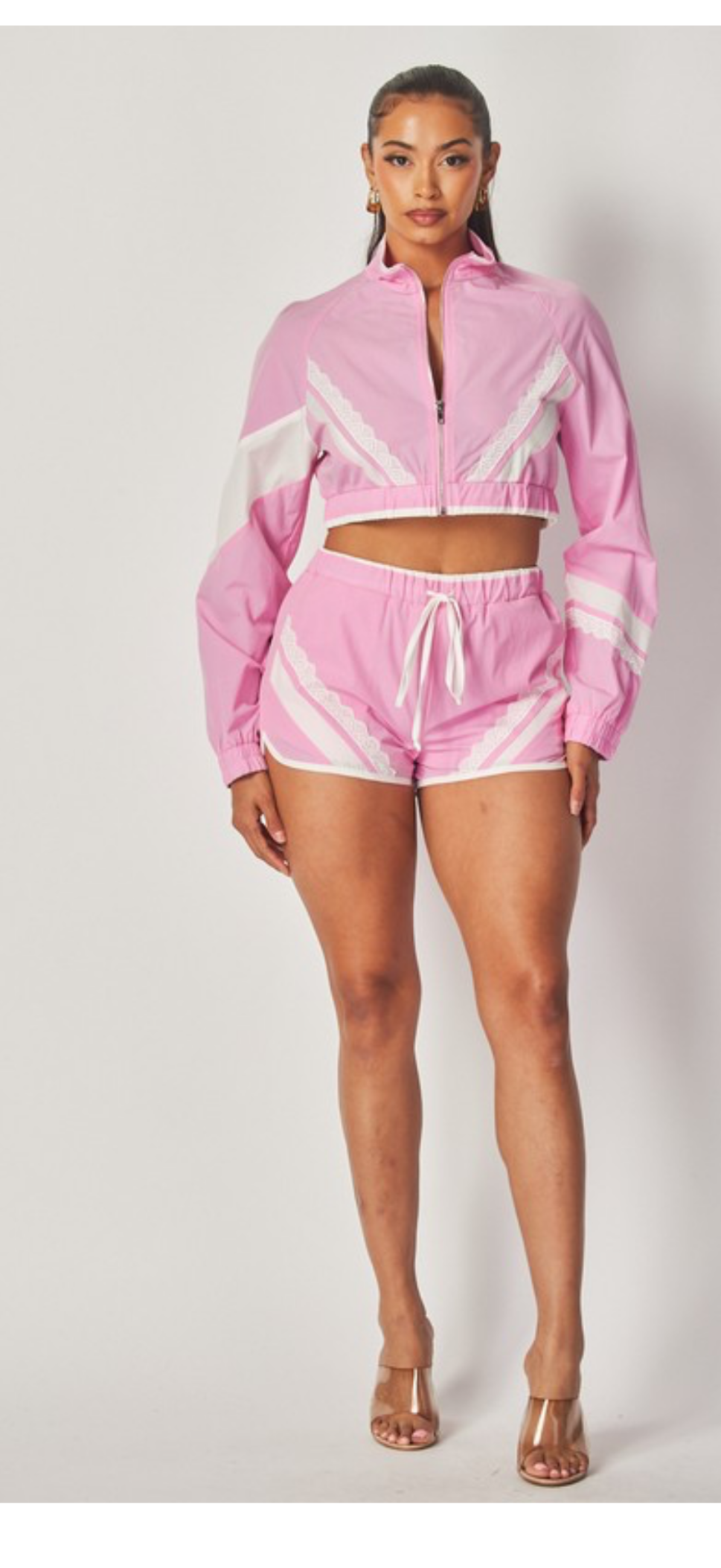 Pink nylon crop short set